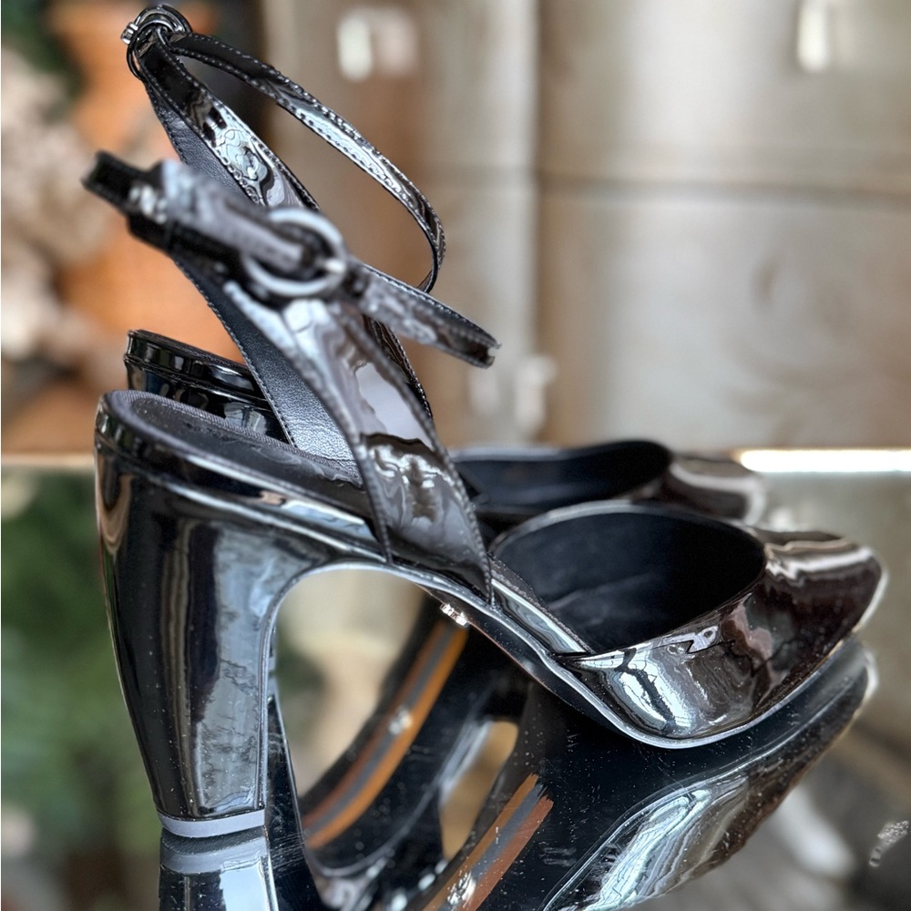Sam Edelman Black Patent Peep-Toe Slingback Heels - Picture 8 of 12
